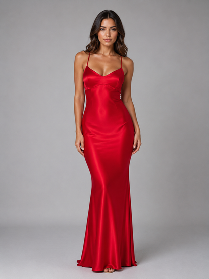 Feathorne Women's Satin Lace-Up Open Back Maxi Dress - view 9
