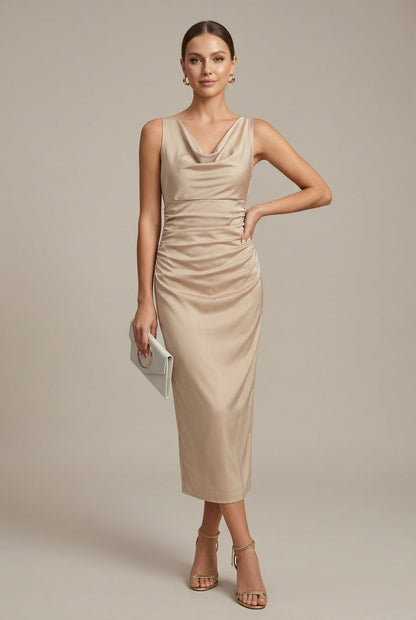Women's Satin Midi Dress Genevieve  – Soft Sculpted Evening Grace