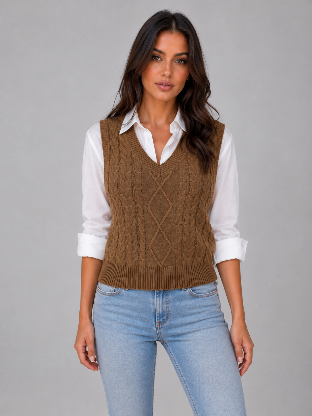 Feathorne Women's Marigold Sleeveless Cable Knit Sweater Vest - full length styling