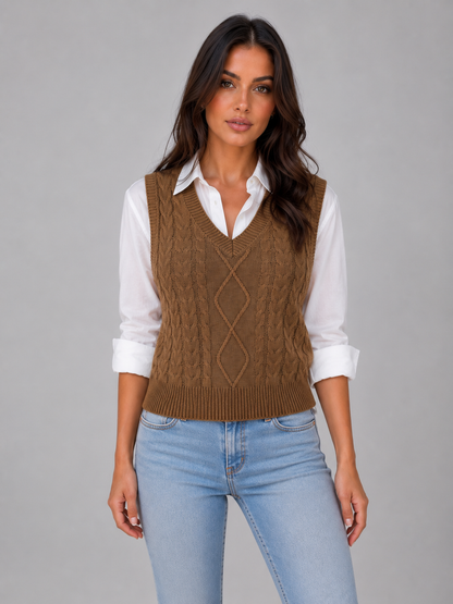 Feathorne Women's Marigold Sleeveless Cable Knit Sweater Vest - full length styling