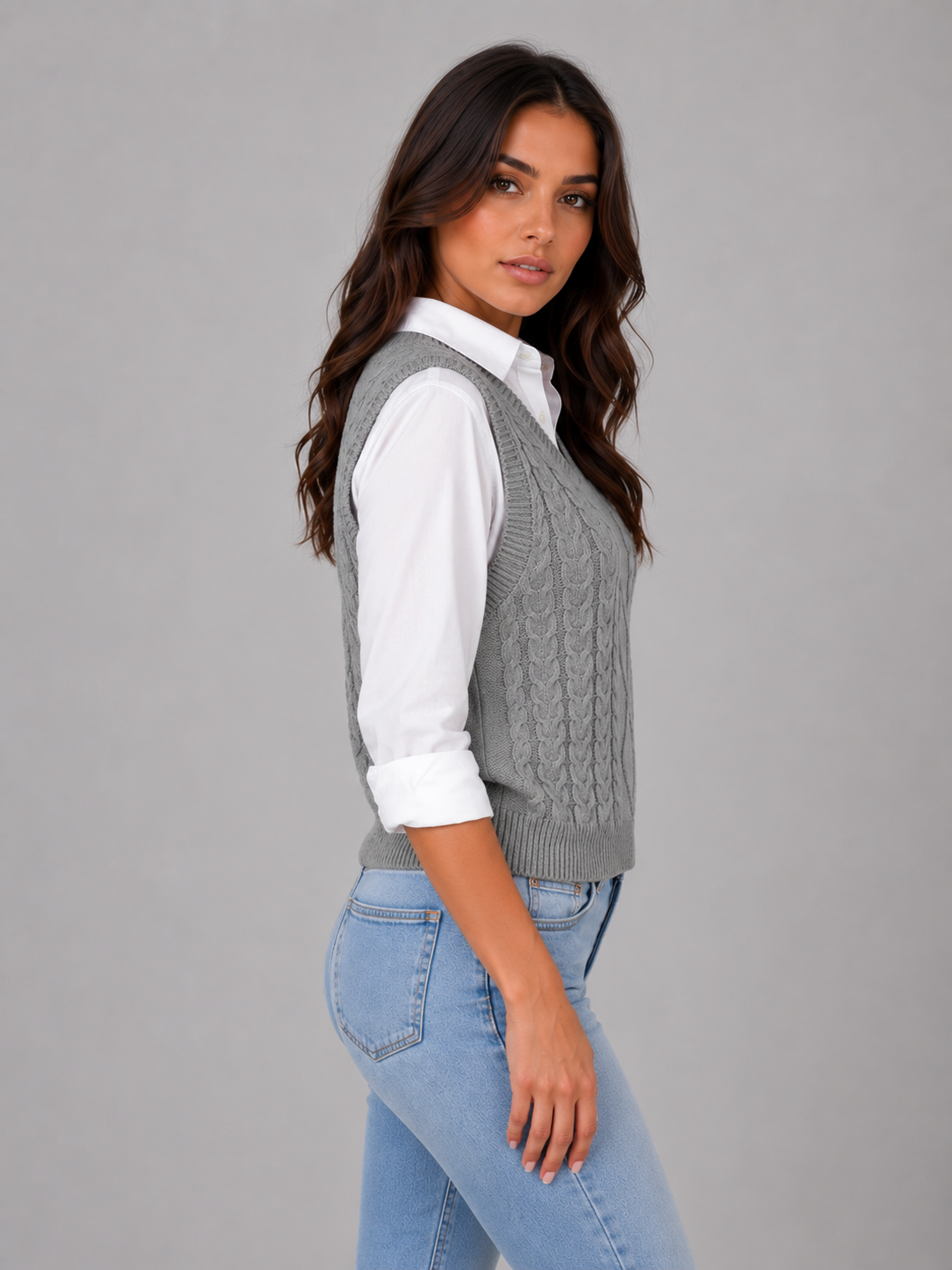 Feathorne Women's Marigold Sleeveless Cable Knit Sweater Vest - detail view showing cable knit texture