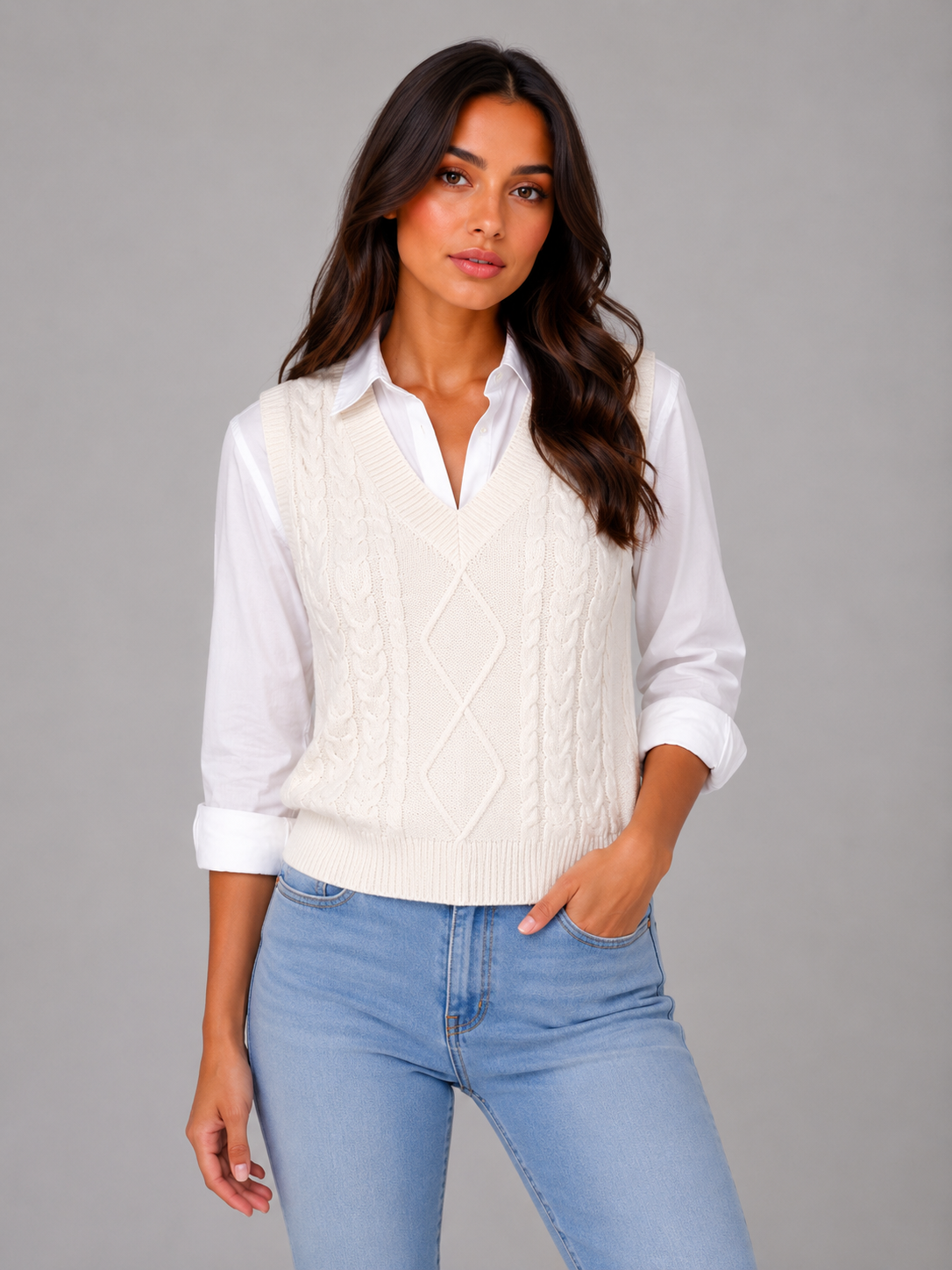 Feathorne Women's Marigold Sleeveless Cable Knit Sweater Vest - styled view
