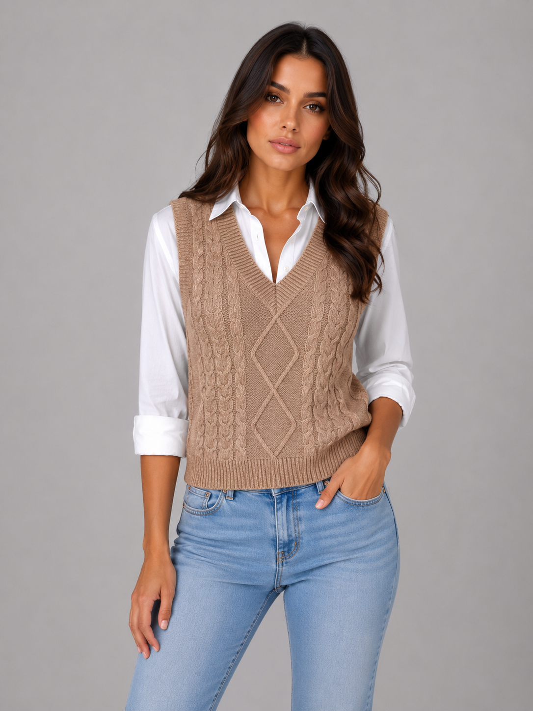 Feathorne Women's Marigold Sleeveless Cable Knit Sweater Vest - back view showing details