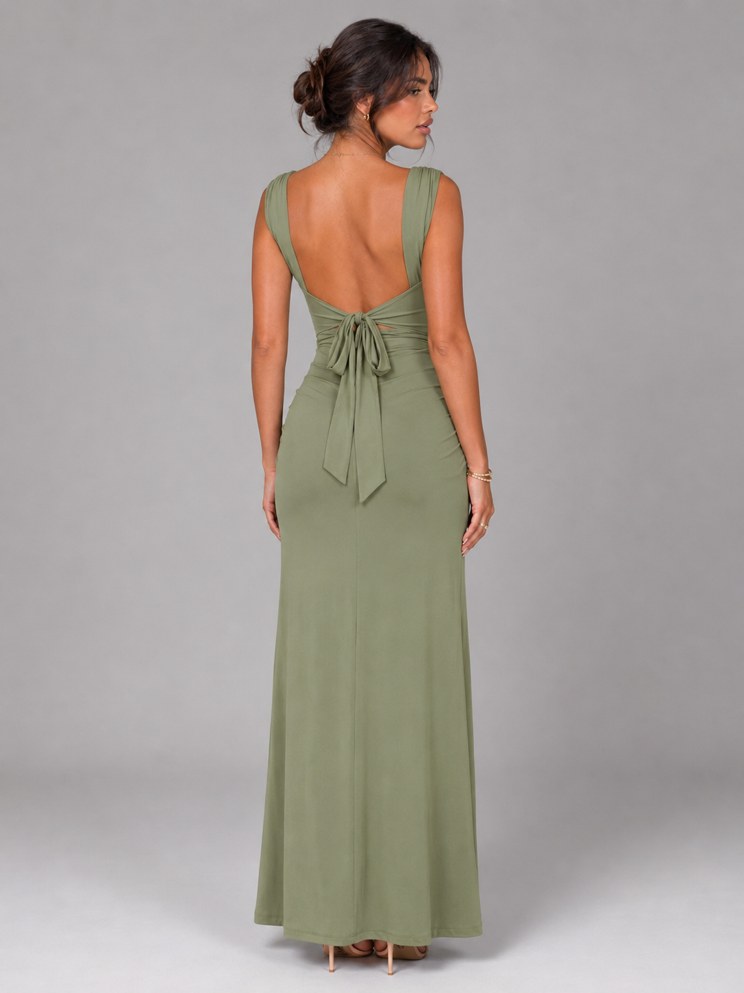Feathorne Women's Willow Green Square Neck Maxi Dress - back view