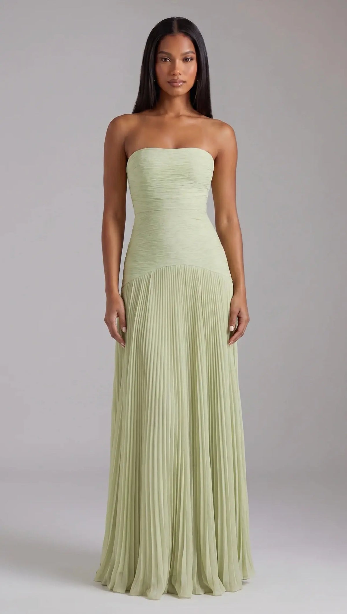 Feathorne Women's Wisteria Sage Strapless Pleated Maxi Dress - front view
