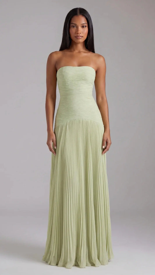 Feathorne Women's Wisteria Sage Strapless Pleated Maxi Dress - front view