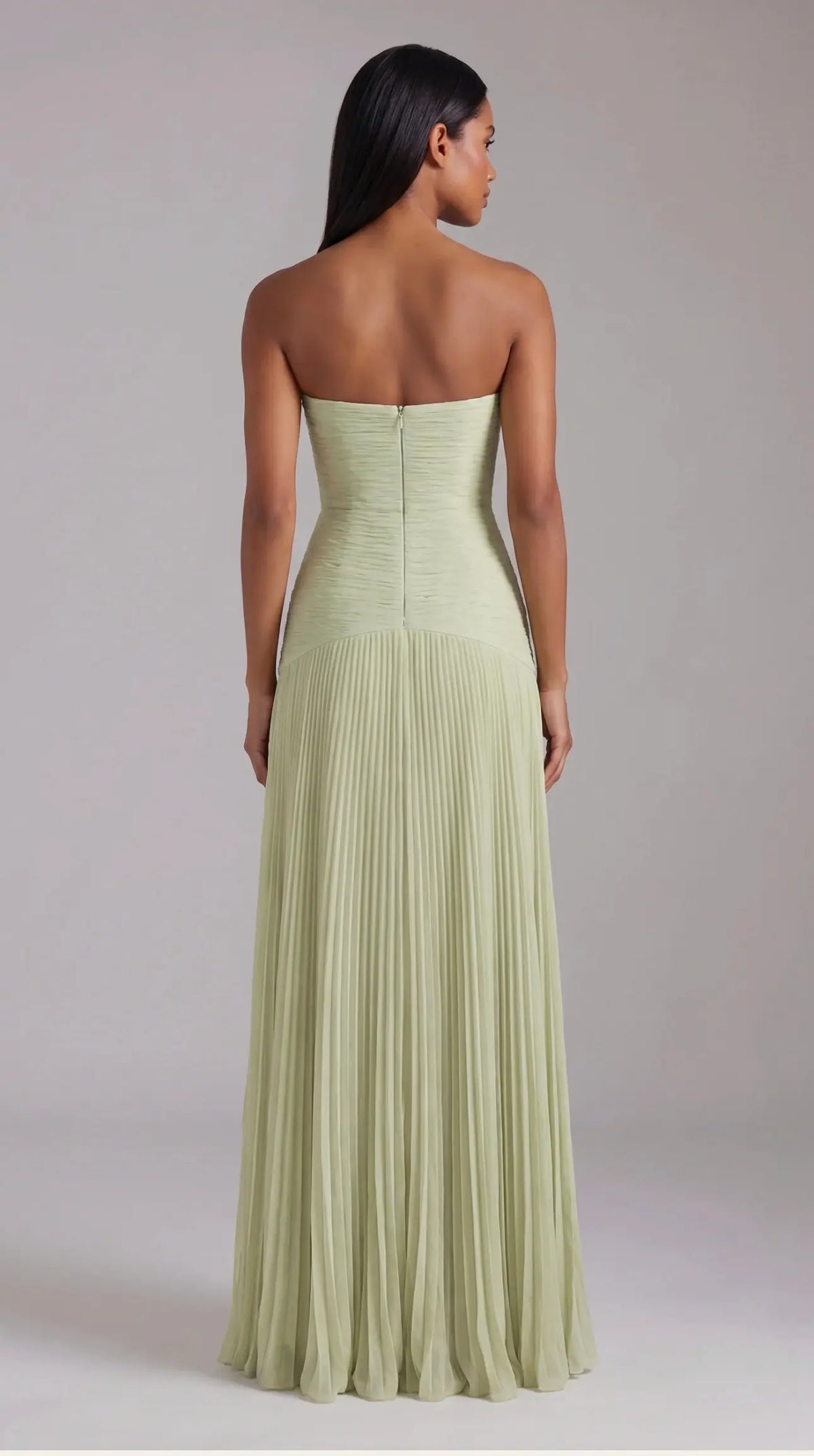 Feathorne Women's Wisteria Sage Strapless Pleated Maxi Dress - back view showing zipper closure