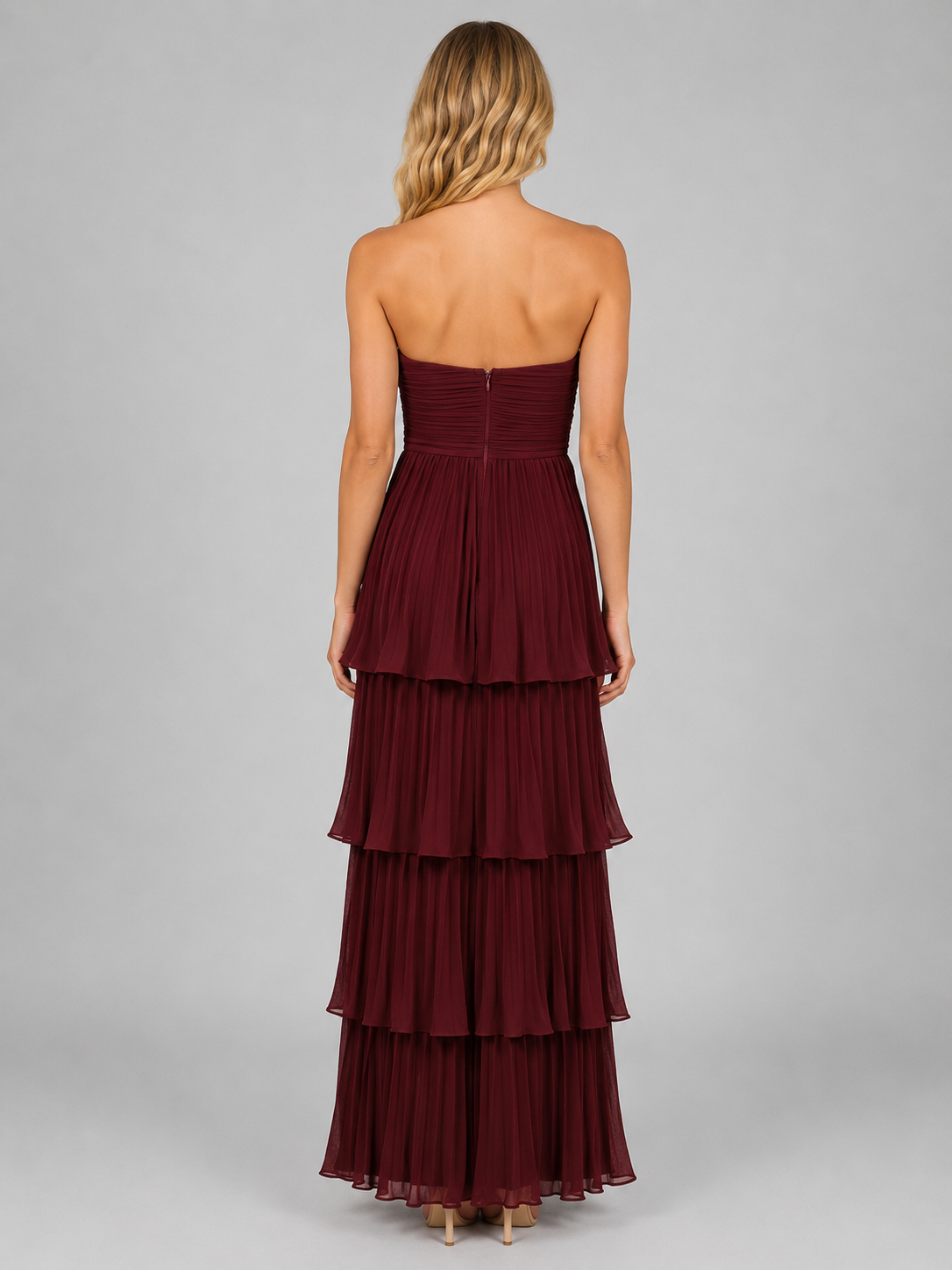 Feathorne Women's Burgundy Strapless Tiered Maxi Dress - view 2