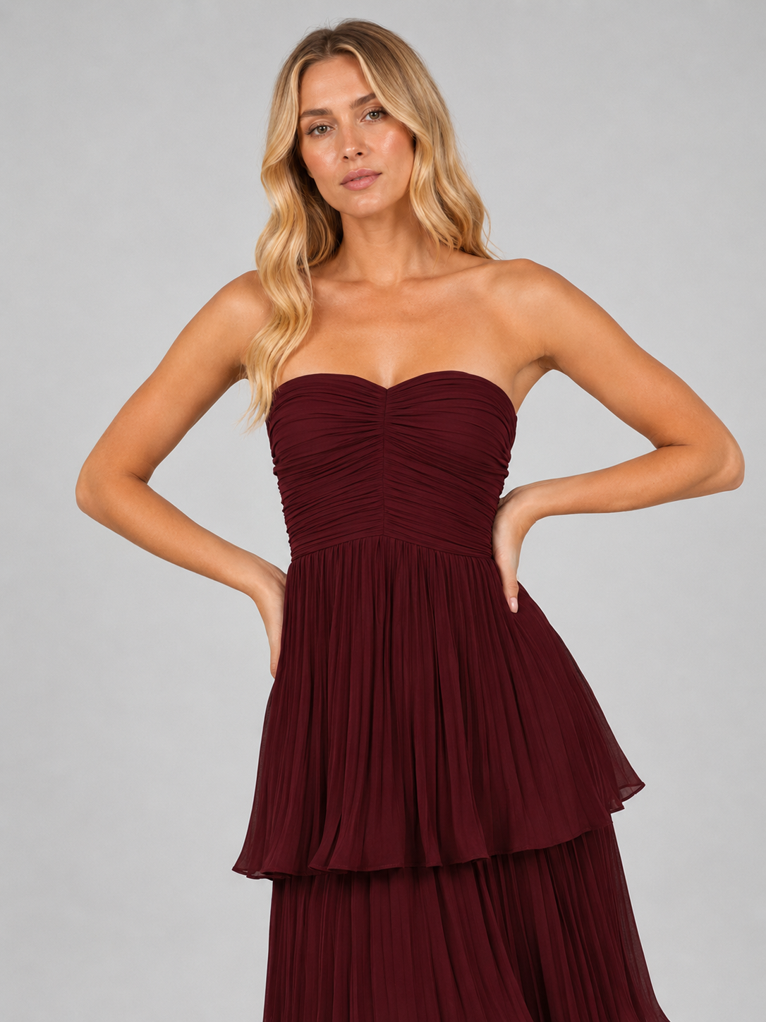 Feathorne Women's Burgundy Strapless Tiered Maxi Dress - view 3