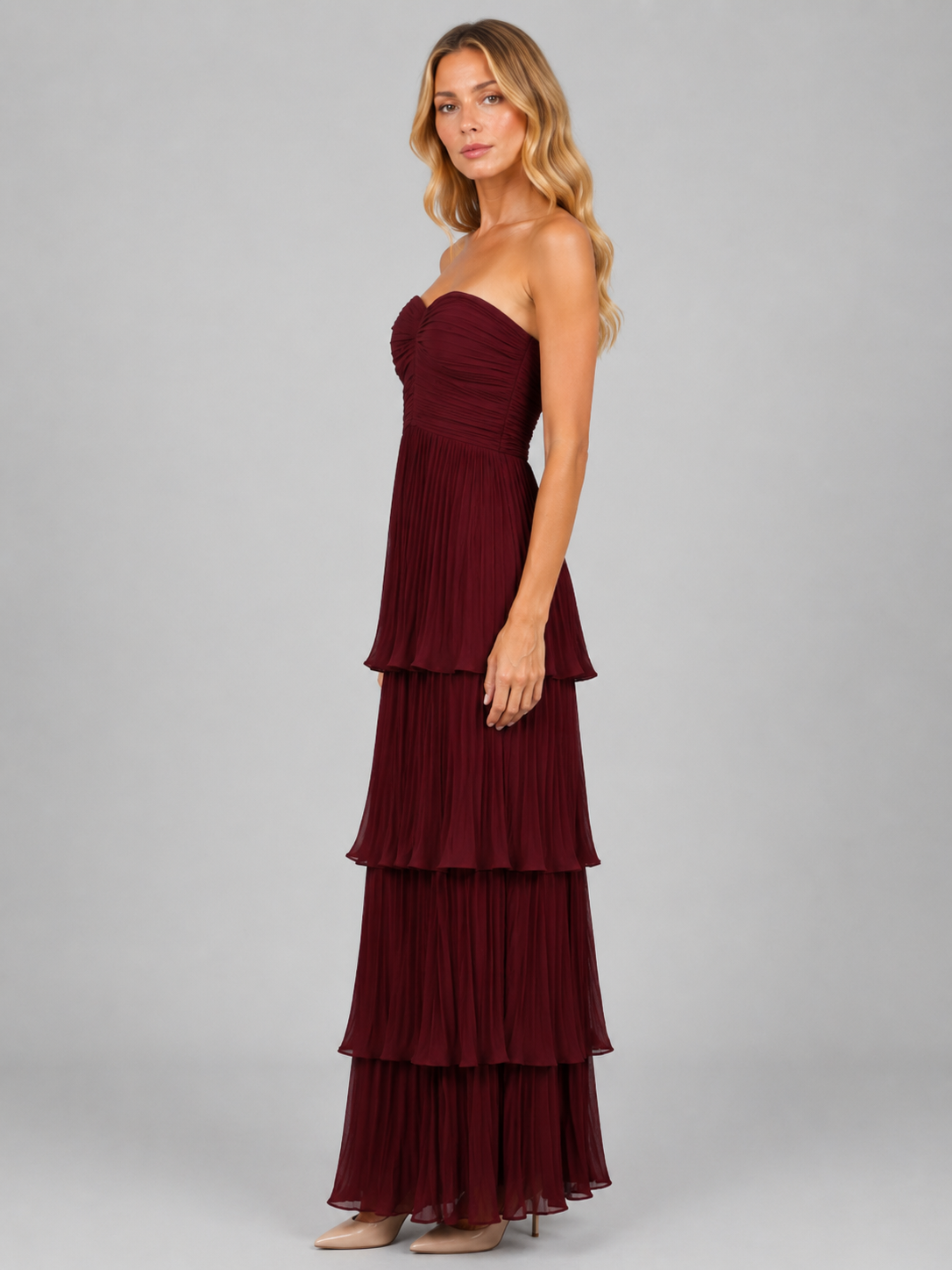 Feathorne Women's Burgundy Strapless Tiered Maxi Dress - view 4