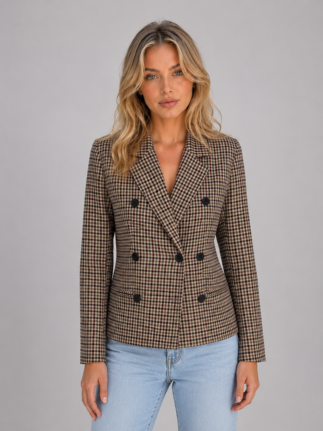 Feathorne Women's Taupe Checked Double Breasted Blazer - view 1