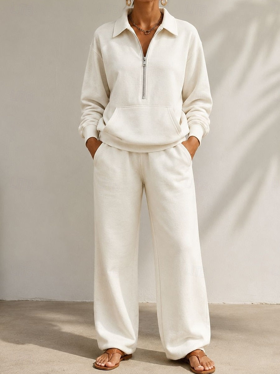 Feathorne Women's Bethany V-Neck Pants Set - detail view showing zip front