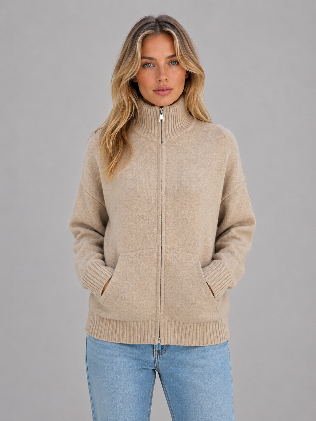 Feathorne Women's Philippa Navy Zip Up Knitted Cardigan - front view style