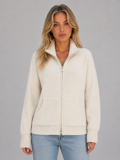 Feathorne Women's Philippa Cream Zip Up Knitted Cardigan - front view style