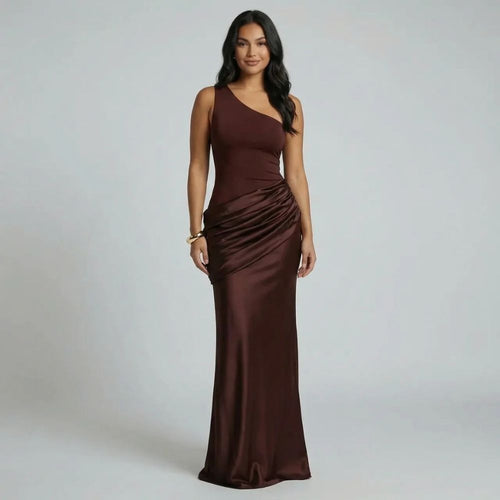 Delilah One Shoulder Maxi Dress - brown front view