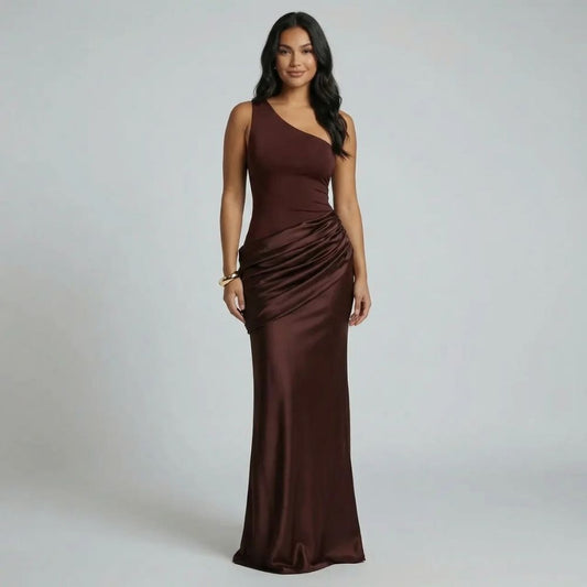 Delilah One Shoulder Maxi Dress - brown front view